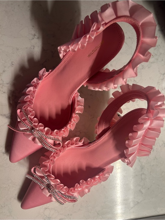PrettyLittleThing Shoes - Pink Ruffle Pointed-Toe Slingback Heels with Crystal Bow